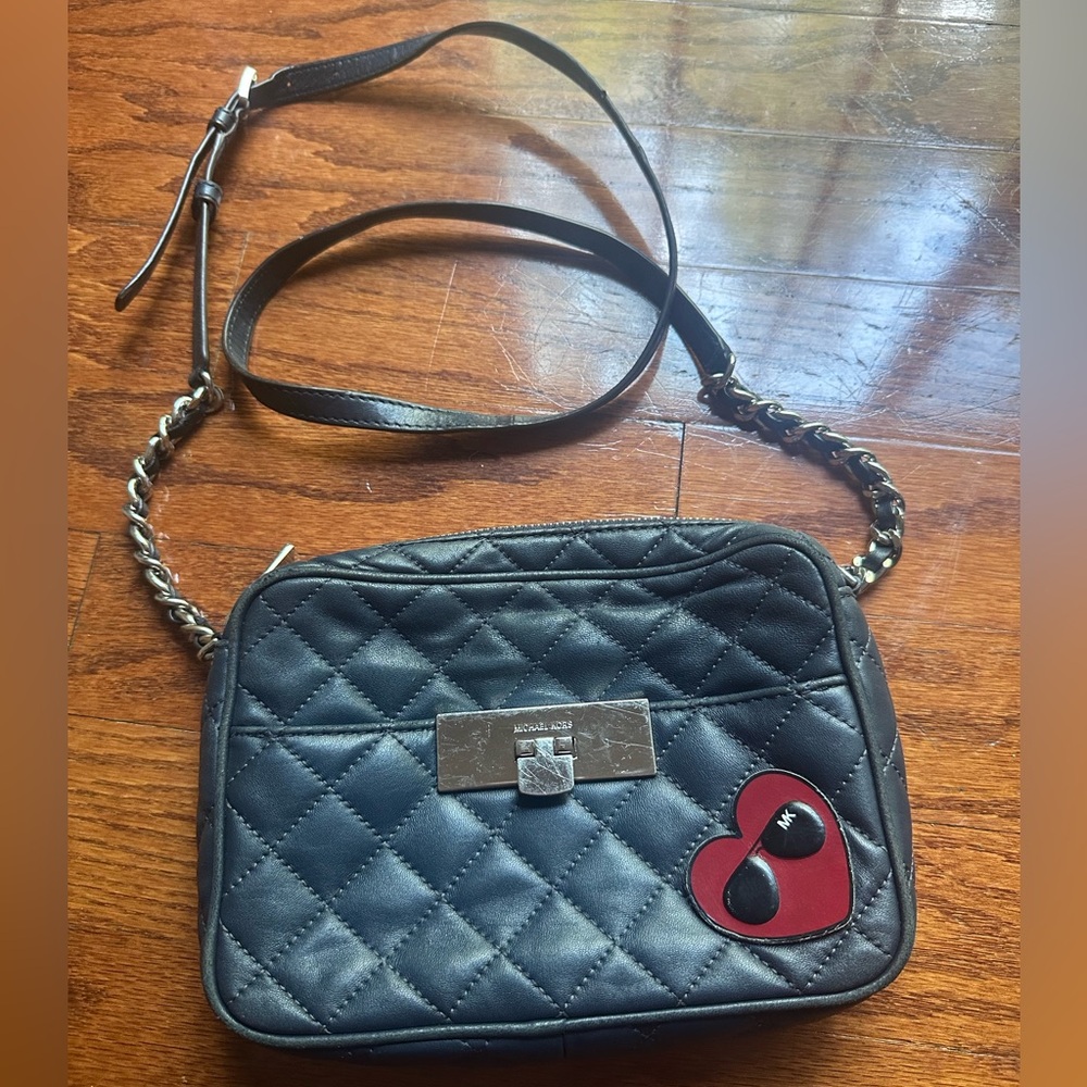 Michael Kors Black Quilted Crossbody with Red Heart Patch